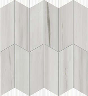 Gray dolomite-inspired porcelain mosaic with delicate veins in a refined wide chevron pattern, matte finish for serene elegance.
