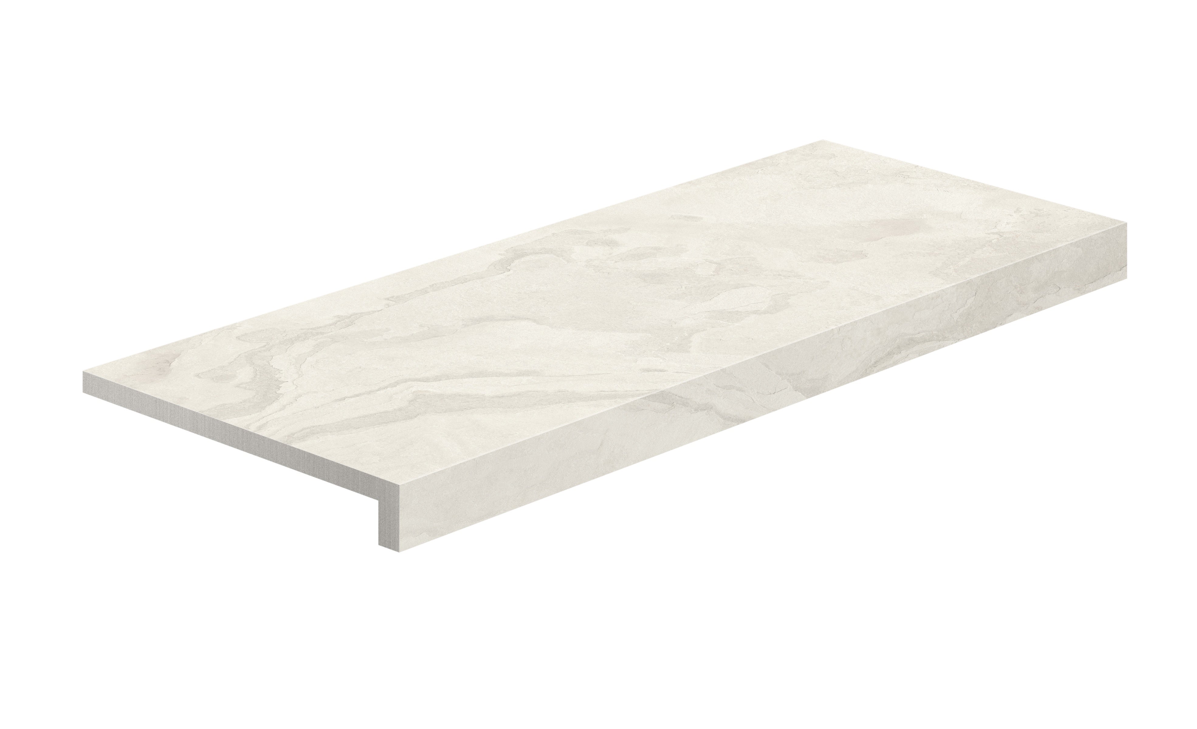 L-shaped porcelain corner in matte white limestone effect, polished edges for seamless transitions, exuding minimalist elegance and rugged durability.