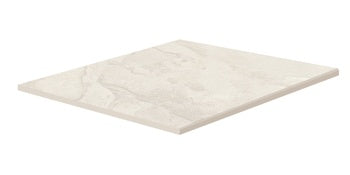 A polished square border in matte white porcelain, evoking the organic elegance of limestone with a refined, slip-resistant texture.
