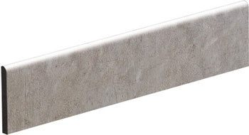 Elegant matte gray porcelain bullnose trim with refined concrete texture for seamless transitions in modern interiors.