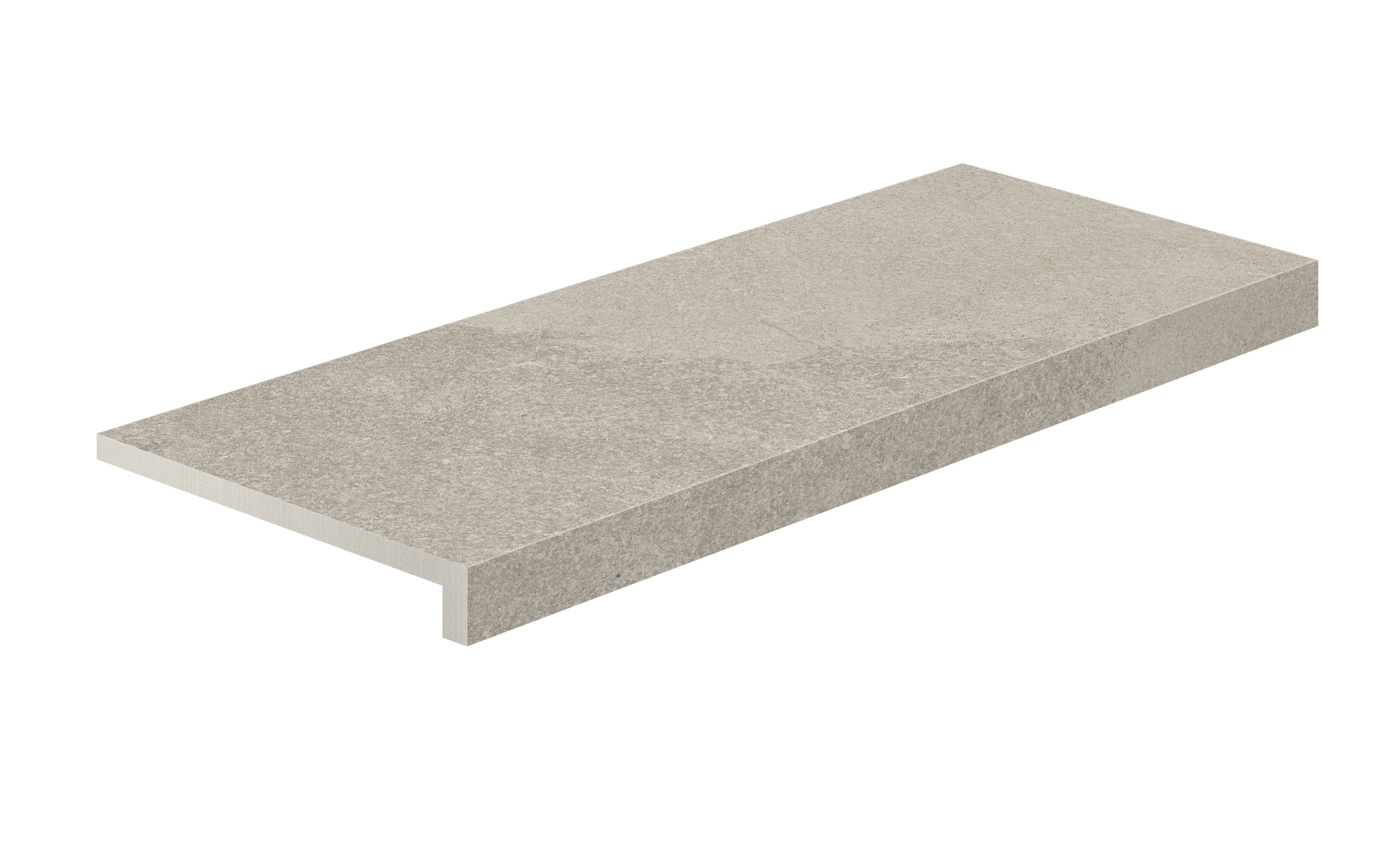 L-shaped matte porcelain corner in warm dark beige, textured like rugged limestone, exuding earthy elegance and industrial sophistication.