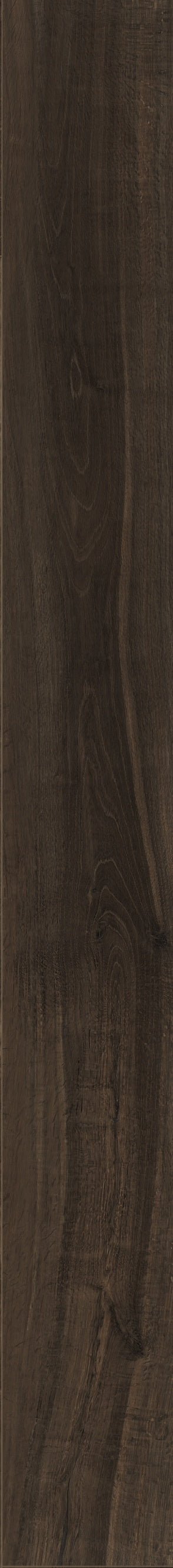 Dark brown porcelain wood-look plank tile with a timeworn, well-worn finish and subtle wood grain texture, exuding rustic luxury and warmth.