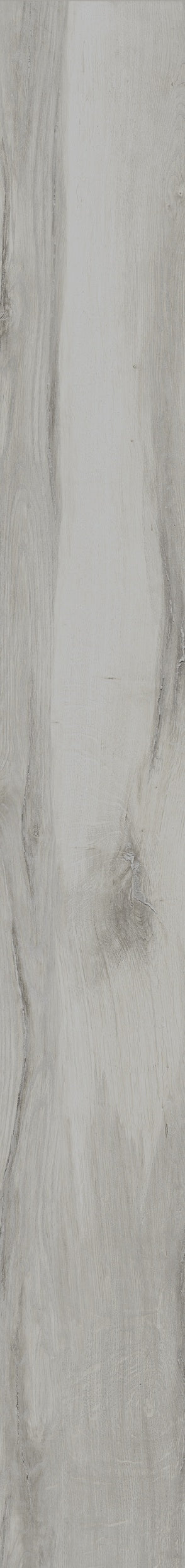 Weathered white porcelain plank with soft wood grain texture, rectified edges, and a warm, timeworn matte finish.