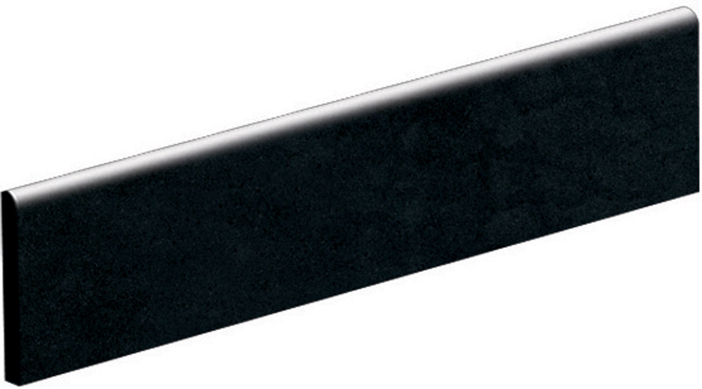 Glossy black porcelain bullnose trim with sleek modern edges for refined minimalist interiors.