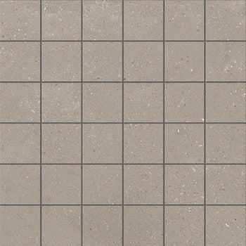 Matte beige porcelain mosaic with interlocking squares, evoking sedimentary rock texture for sleek, minimalist elegance.