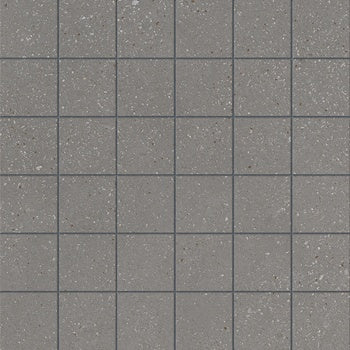 Matte grey porcelain mosaic tiles with a textured concrete effect, interlocking squares in a minimalist straight-stack pattern.