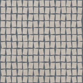 Matte white porcelain mosaic tiles with an earthy, textured concrete effect, interlocking in a sleek, minimalist stack pattern.