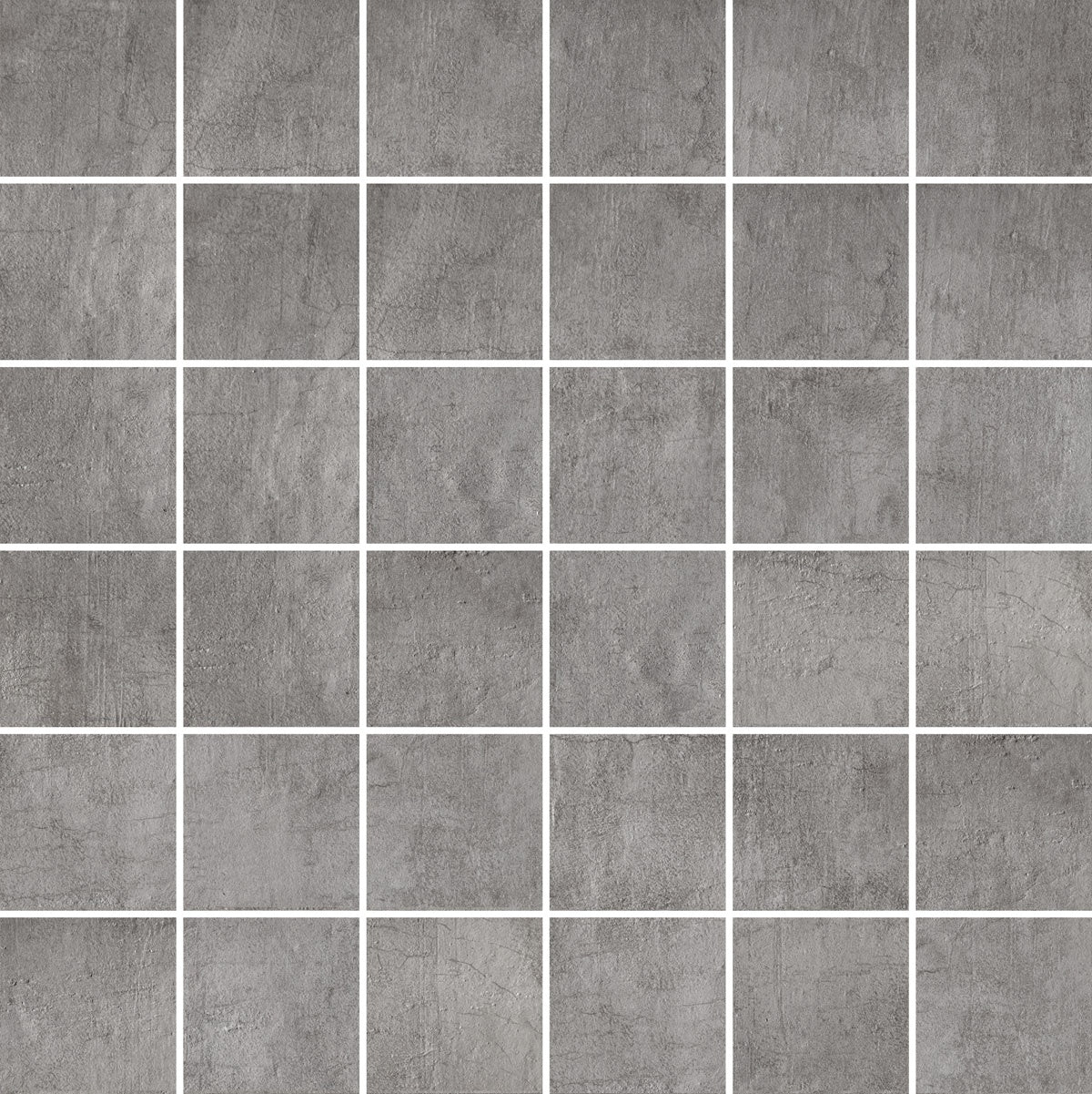 Matte gray concrete-effect porcelain mosaic with refined urban elegance and minimalist interlocking squares.