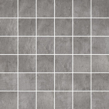 Matte gray concrete-effect porcelain mosaic with refined urban elegance and minimalist interlocking squares.