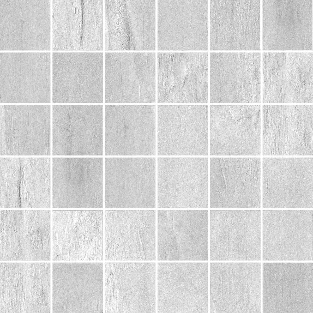 Matte white porcelain mosaic with a refined concrete effect, interlocking squares in a minimalist straight-stack pattern, exuding urban elegance.