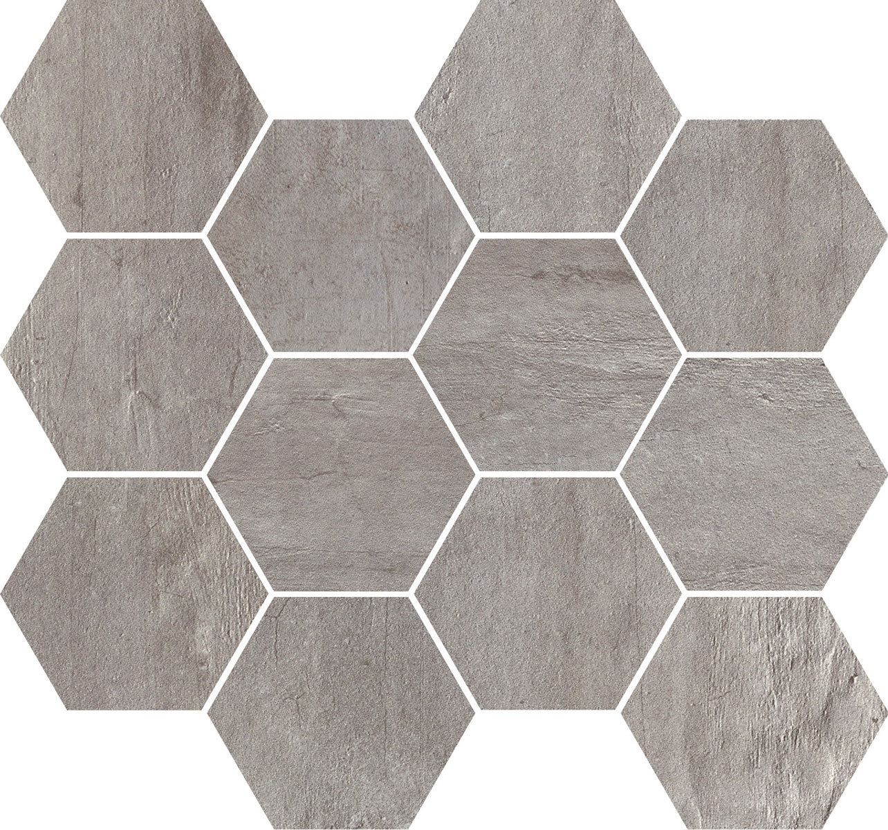 Hexagonal porcelain mosaic with a refined matte concrete finish, blending industrial elegance and minimalist sophistication in soft gray tones.