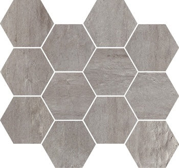 Hexagonal porcelain mosaic with a refined matte concrete finish, blending industrial elegance and minimalist sophistication in soft gray tones.
