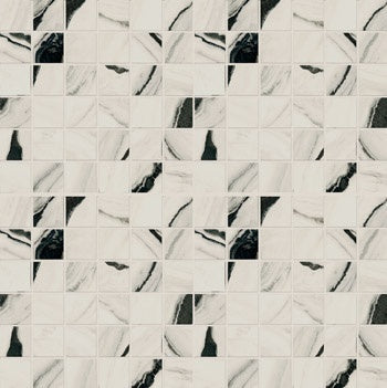 Elegant white marble mosaic with delicate panda veins, matte porcelain tiles in a refined straight-stack pattern for luxurious walls.