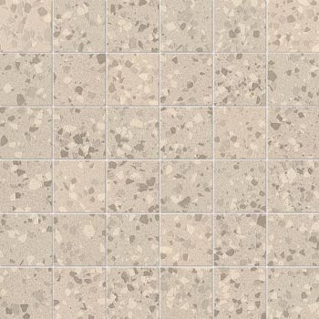 Matte almond terrazzo mosaic with medium-grain texture, warm minimalist luxury in interlocking square tiles.