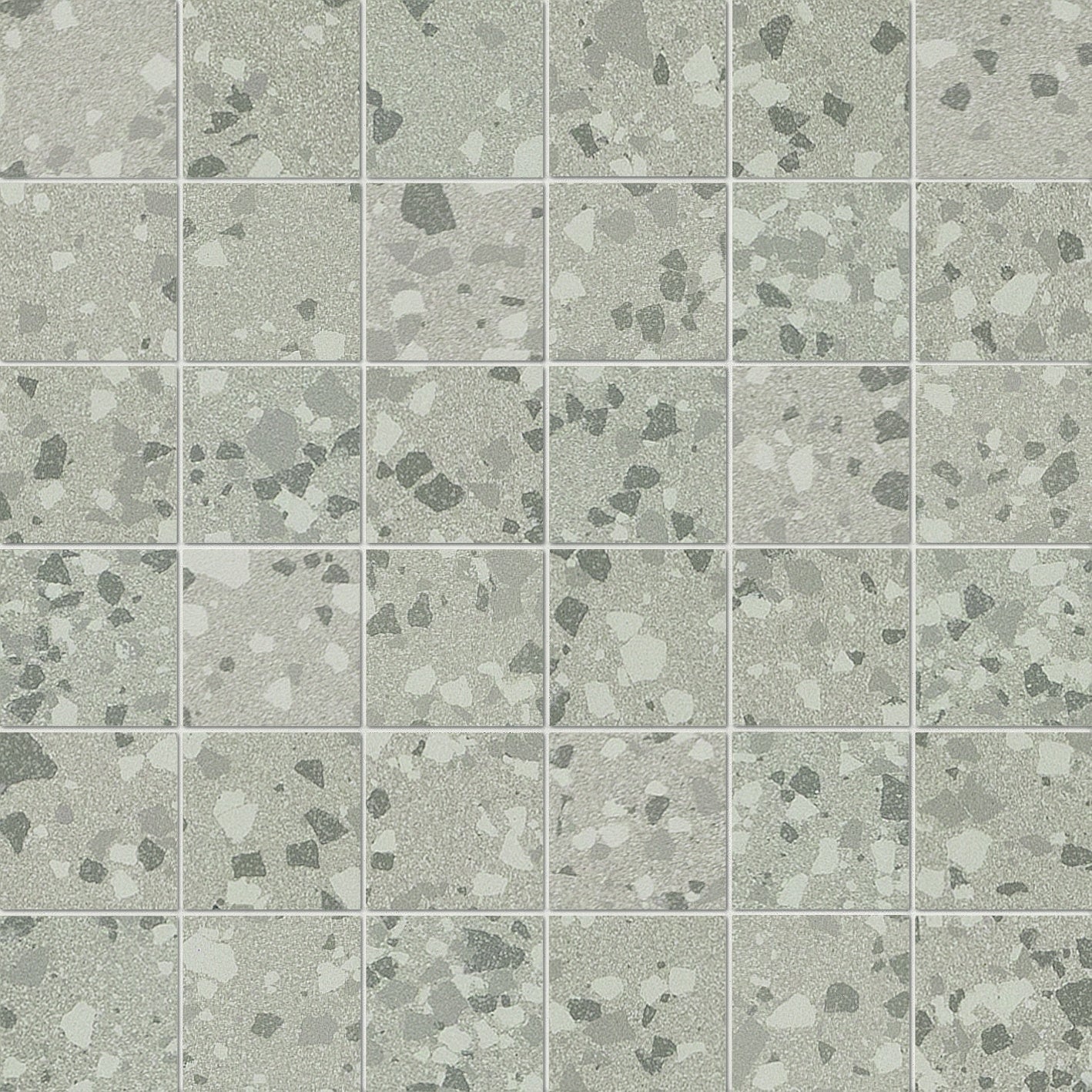 Matte terrazzo mosaic tiles in warm silver and almond tones, medium-grain texture, rectified edges for seamless luxury flooring.