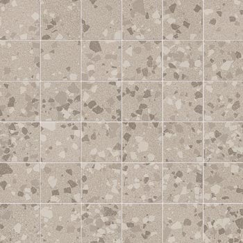 Matte terrazzo mosaic tiles in warm silver and almond tones, medium-grain texture, rectified edges for seamless luxury flooring.