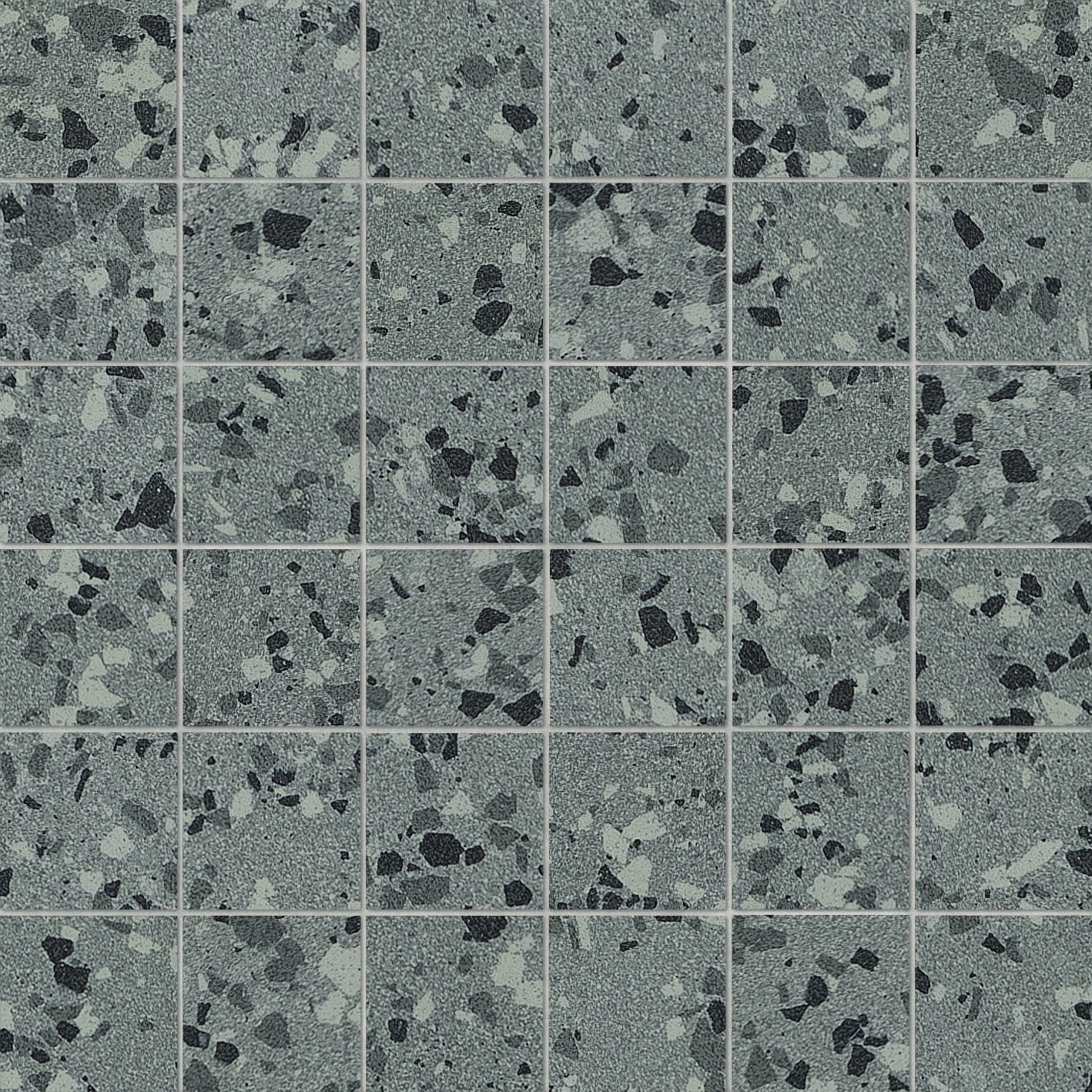 Matte gray terrazzo mosaic tiles with medium-grained texture, offering timeless sophistication and warm minimalist elegance.