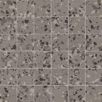Matte gray terrazzo mosaic tiles with medium-grained texture, offering timeless sophistication and warm minimalist elegance.