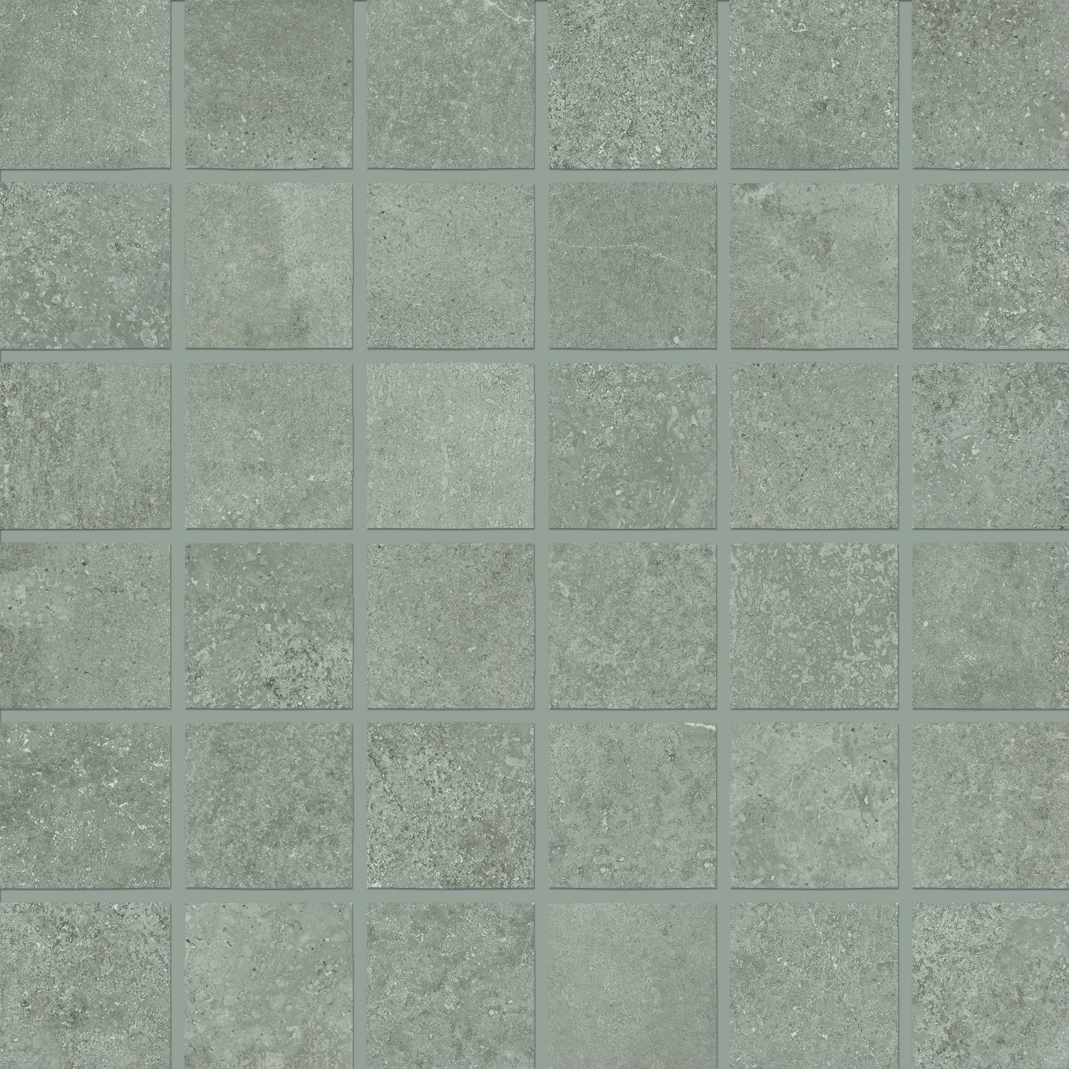 Matte gray porcelain mosaic with a textured concrete look, interlocking square tiles in a sleek straight-stack pattern.