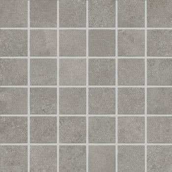 Matte gray porcelain mosaic with a textured concrete look, interlocking square tiles in a sleek straight-stack pattern.