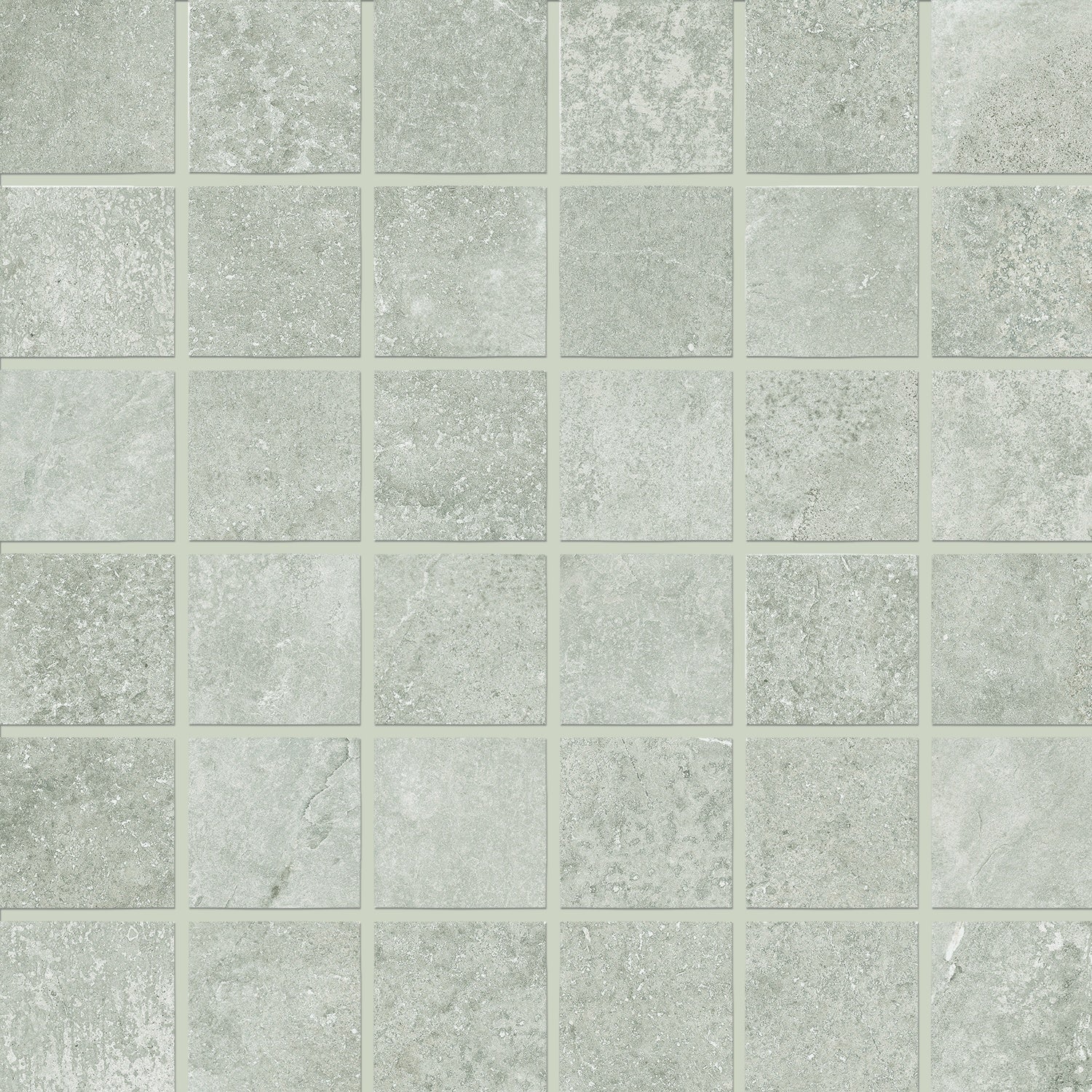 Matte beige porcelain mosaic with subtle concrete texture, interlocking square tiles in a refined straight-stack pattern.