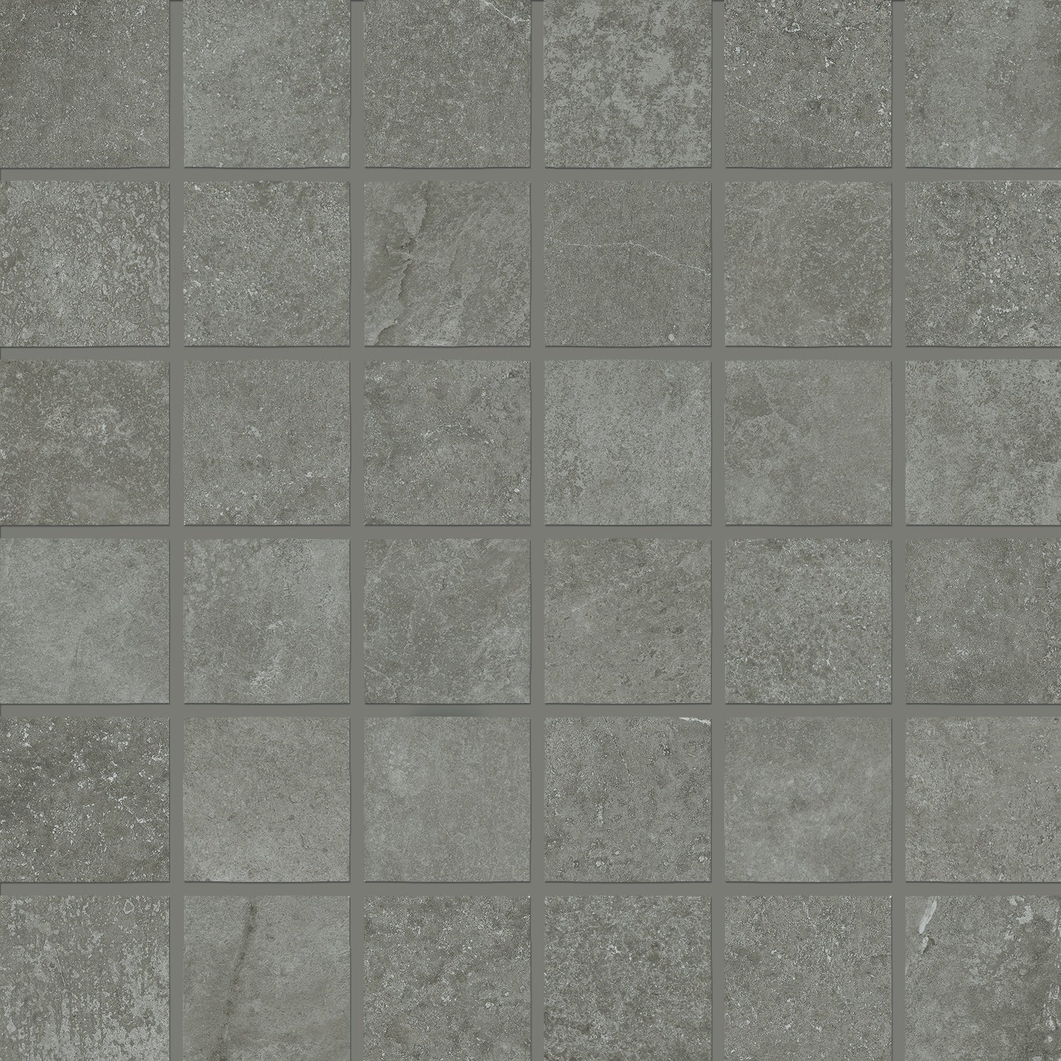 Matte gray porcelain mosaic with textured concrete look, rectified edges, and interlocking square tiles for refined, tactile luxury.