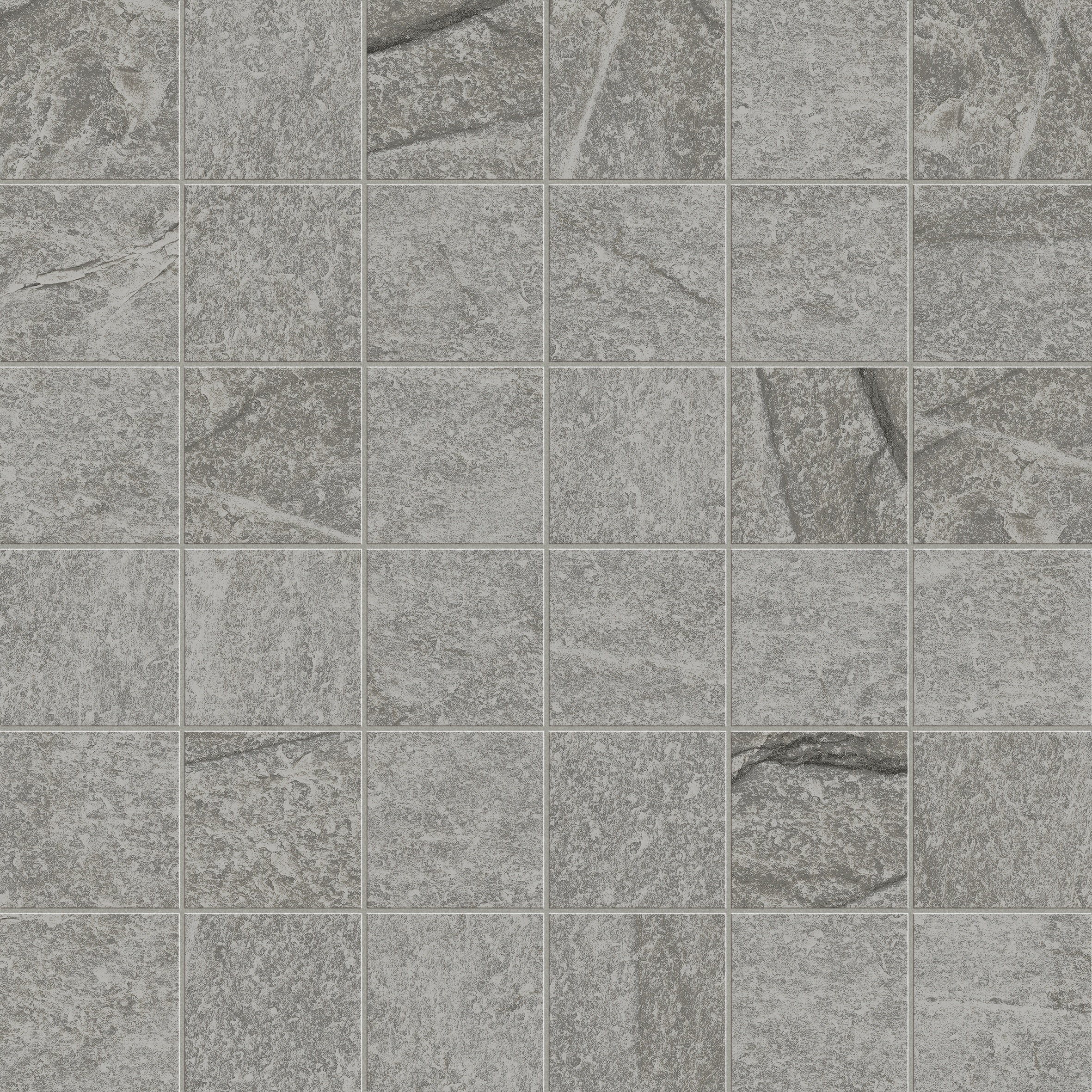 Dark gray quartzite-look porcelain mosaic with a matte finish, evoking primordial depth and serene harmony for intimate spaces.