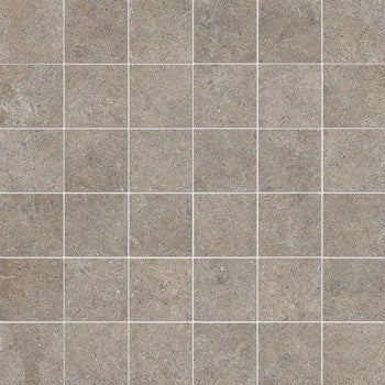 Matte dove grey porcelain mosaic with a serene stone-like texture, arranged in a clean straight-stack pattern for minimalist elegance.