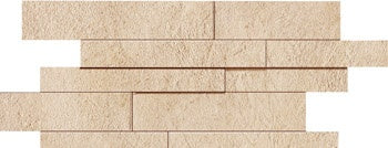 Matte beige porcelain mosaic with subtle concrete texture, interlocking planks in a minimalist random-strip pattern for refined urban spaces.