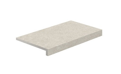 L-shaped porcelain corner in textured Bianco Mix stone finish, matte and slip-resistant, with polished edges for refined outdoor elegance.