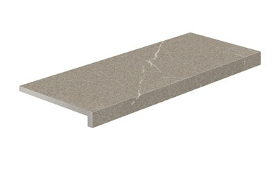 Elegant greige porcelain corner with a textured stone-inspired matte finish, blending urban sophistication and natural warmth.