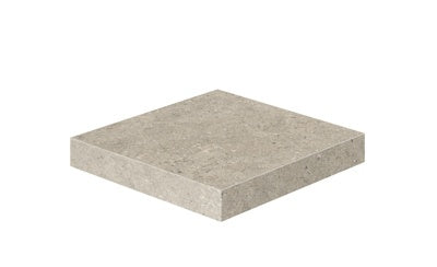 Elegant greige porcelain L-shaped corner with a textured matte finish, evoking natural sedimentary stone for refined outdoor transitions.