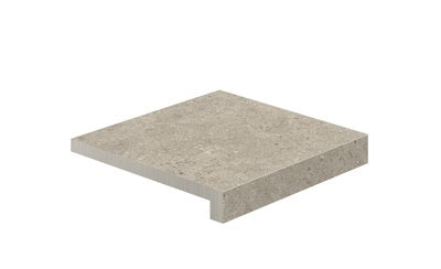 L-shaped porcelain corner in textured greige stone finish, blending urban sophistication with natural warmth for refined outdoor spaces.