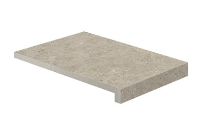 L-shaped greige porcelain corner with a textured matte stone finish, blending rustic charm and urban elegance for sophisticated outdoor spaces.