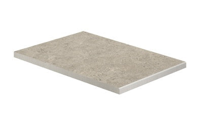 L-shaped greige porcelain border with a textured stone-like surface, evoking natural elegance for refined outdoor spaces.