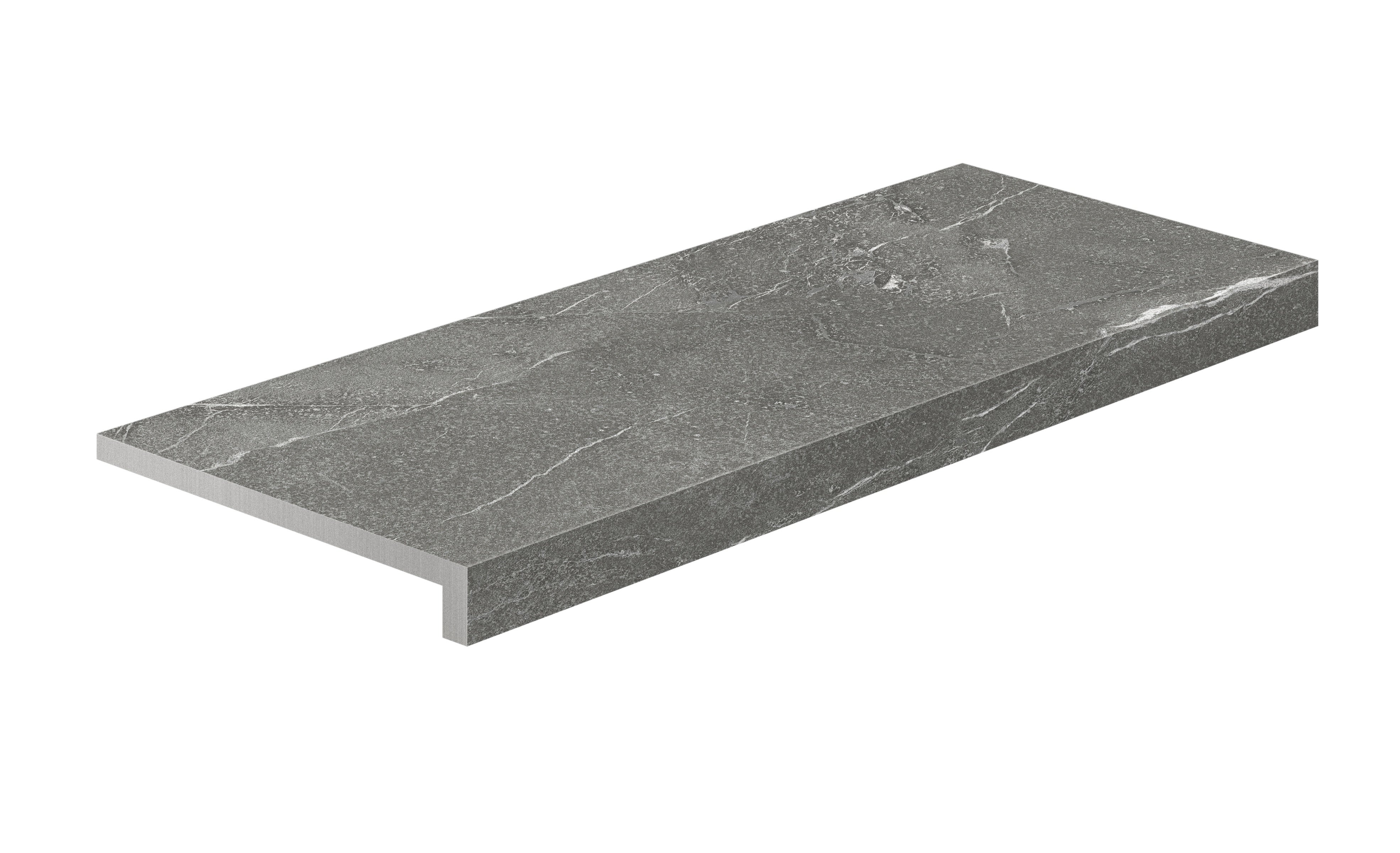 L-shaped matte dark grey porcelain corner with polished edges, evoking sleek industrial elegance and natural marble sophistication.