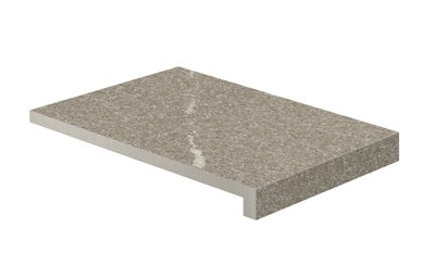 L-shaped porcelain corner in warm greige limestone texture with rustic matte finish and subtle 3D detailing.