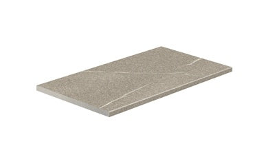 Elegant greige porcelain paving with textured limestone-inspired surface and polished edges for sophisticated outdoor spaces.