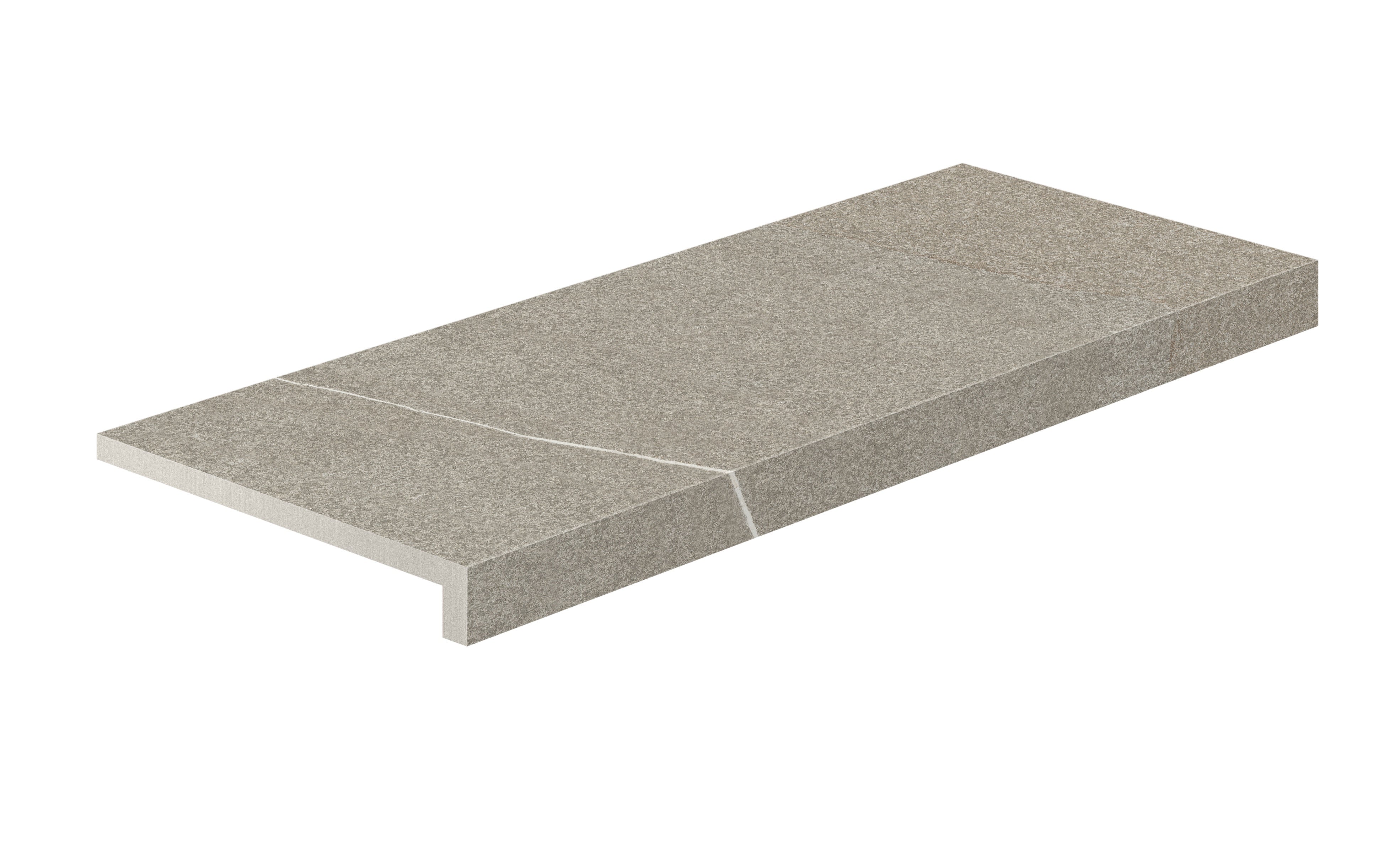 Elegant matte L-shaped corner in warm beige-grey porcelain, evoking natural marble with polished edges for seamless luxury.