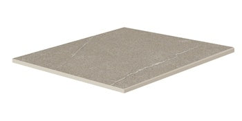 Matte beige-grey porcelain square border with polished edges, evoking the organic elegance of natural marble for seamless indoor-outdoor luxury.