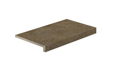 Earthy red-brown L-shaped porcelain corner with textured limestone-inspired matte finish and polished edges for refined outdoor elegance.