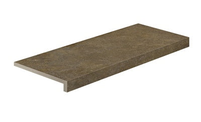 L-shaped porcelain corner in warm porfido-mix limestone texture, matte and slip-resistant, with polished edges for refined outdoor elegance.