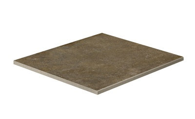 Earthy red-brown porcelain border with textured limestone-inspired matte finish, evoking rustic Italian elegance for refined outdoor spaces.