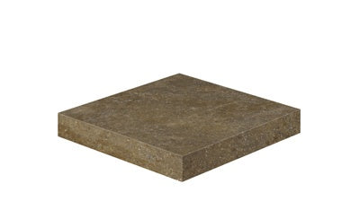 Matte porcelain 3-way corner in warm porfido-mix limestone tones, textured for rustic elegance and slip-resistant durability.