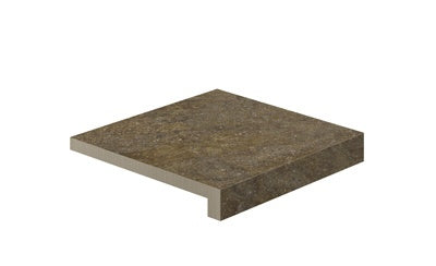 L-shaped porcelain corner in warm porfido-mix limestone tones, textured matte finish for rustic-modern outdoor elegance.