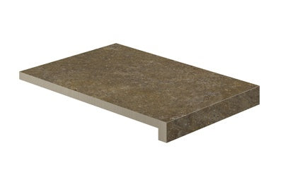 L-shaped porcelain paving corner in warm porfido-mix limestone tones, textured matte finish for rustic-modern outdoor elegance.