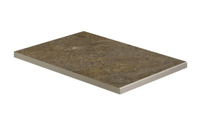 L-shaped porcelain border in warm porfido-mix limestone tones, textured matte finish for rustic-modern outdoor elegance.