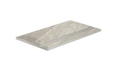Elegant matte Bianca quartzite-inspired porcelain pool edge with polished border and subtle 3D texture for refined outdoor luxury.