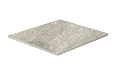 Elegant square border tile in Bianca quartzite-inspired porcelain, featuring a matte 3D-textured surface with polished edges for refined outdoor spaces.