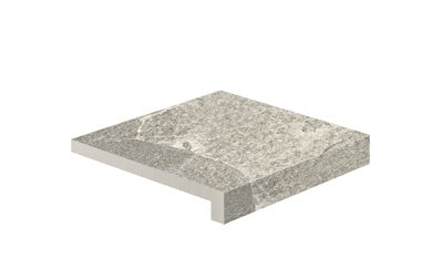 L-shaped porcelain corner in textured Bianca quartzite finish, blending urban sophistication with natural warmth for refined outdoor spaces.